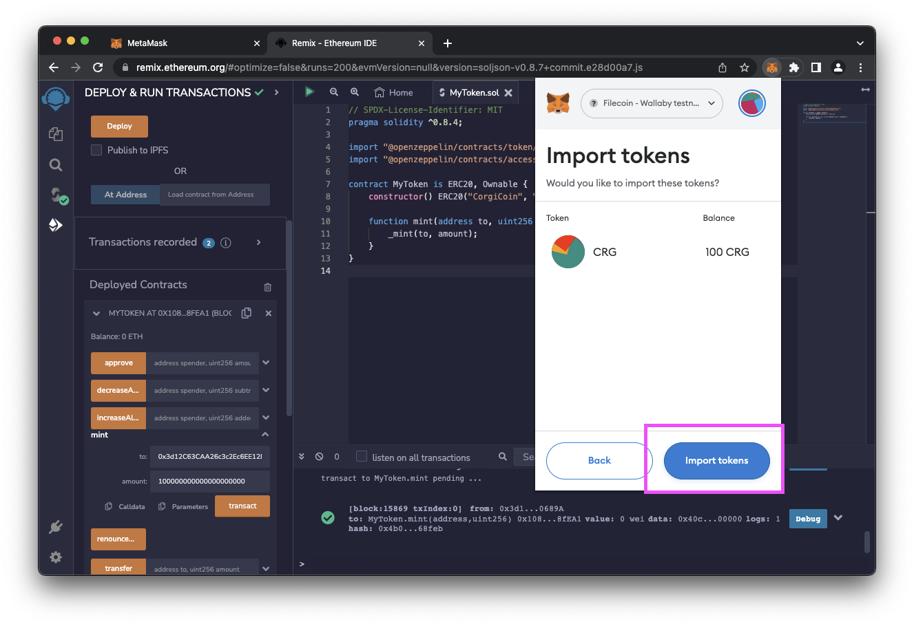 Click the import token button in MetaMask.